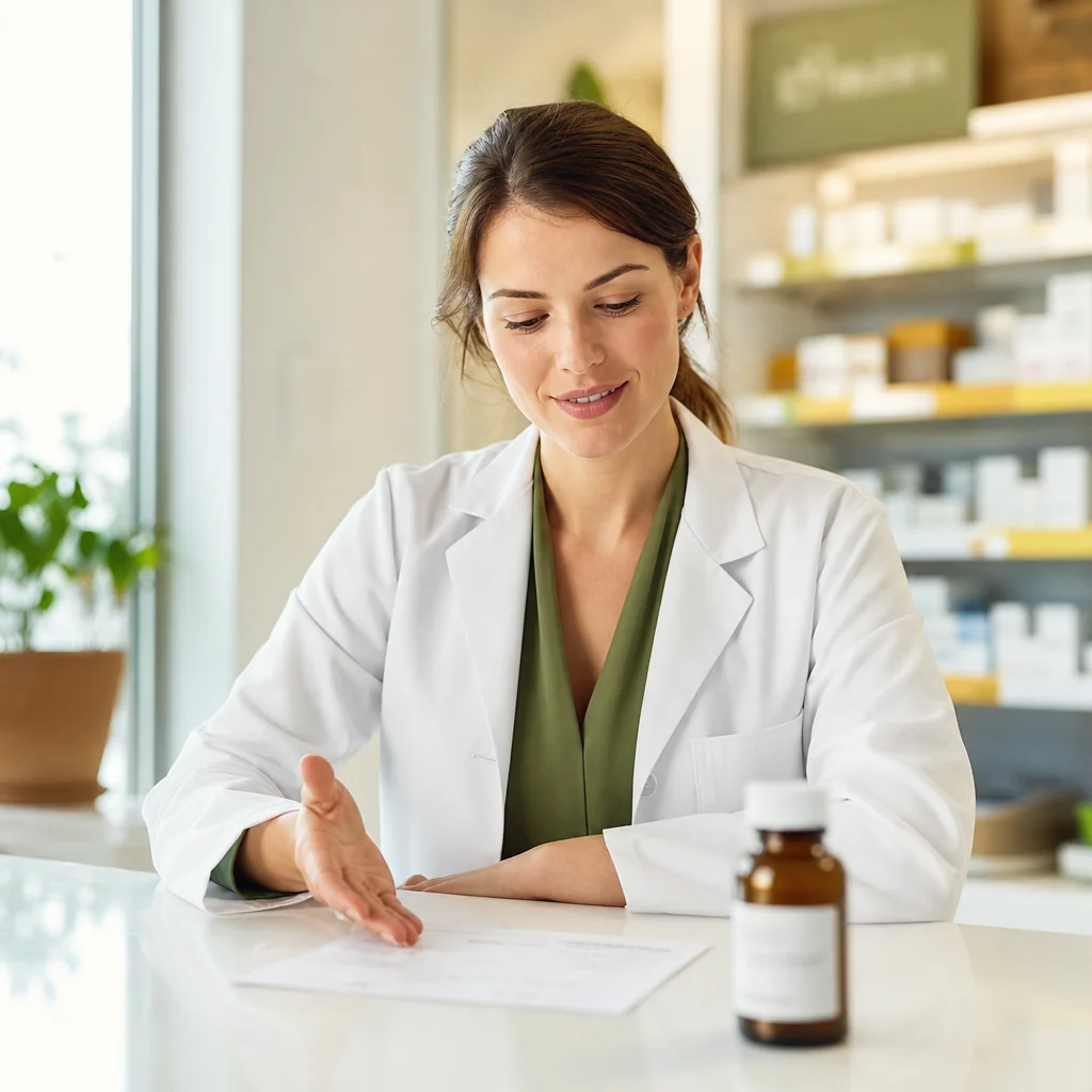 Profesional farmacéutica revisando documentación de producto en mostrador